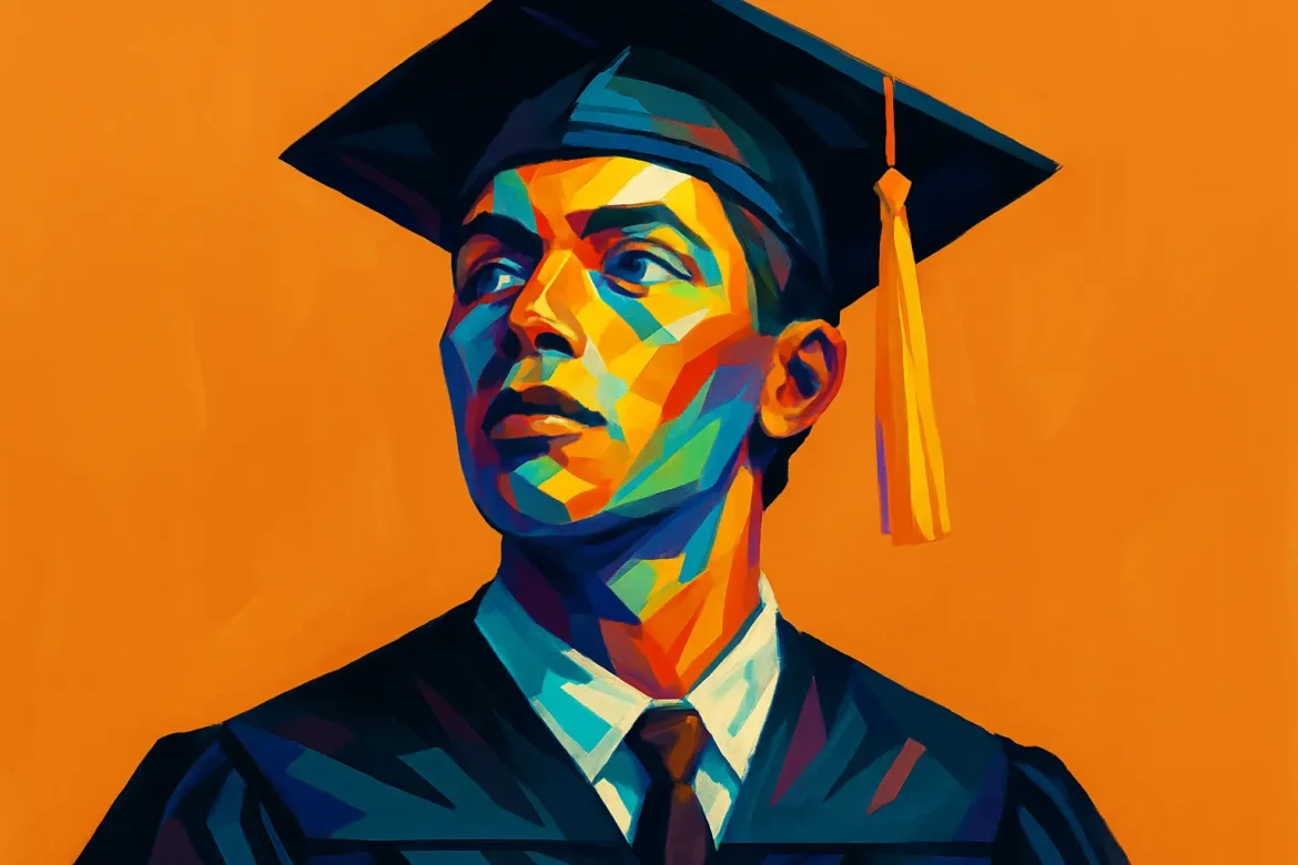 Ilustración colorida y estilizada de un joven graduado vestido con toga negra, birrete y borla dorada. El personaje mira con determinación hacia el horizonte, simbolizando el orgullo y la esperanza al culminar una etapa educativa. El fondo naranja vibrante resalta la figura central, reforzando el sentimiento de logro y celebración típico de una ceremonia de graduación.