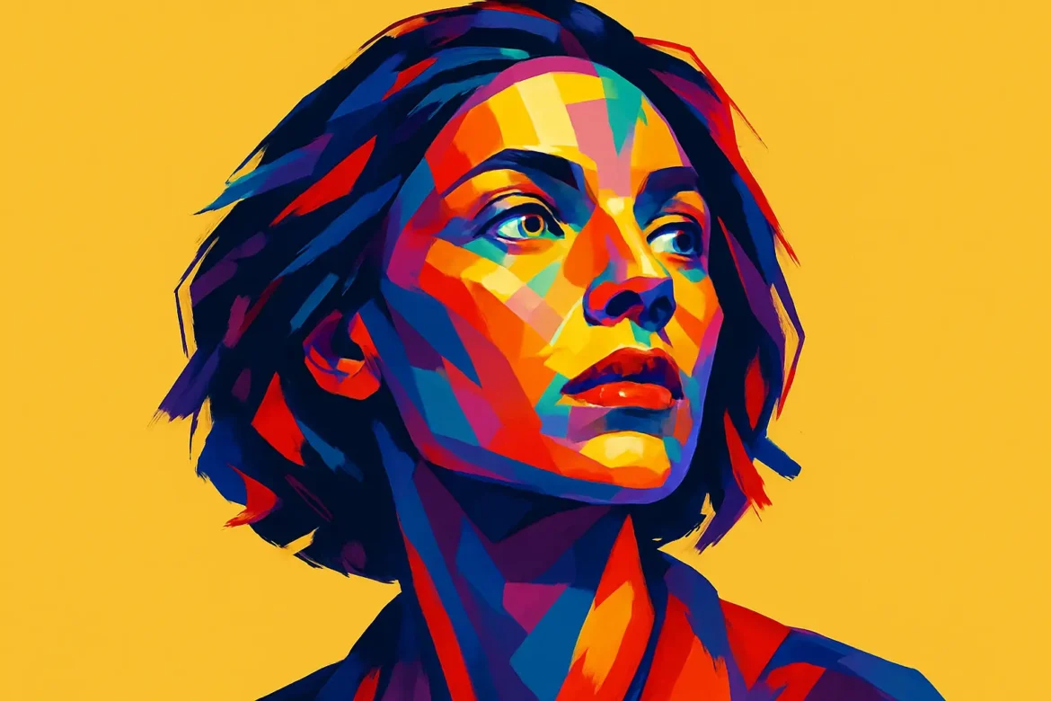 Ilustración vibrante y colorida de una mujer en estilo pop art, con expresión decidida y mirada hacia el horizonte, transmitiendo fuerza, esperanza y reflexión. El fondo amarillo y los tonos contrastantes acentúan el enfoque emocional y evocador de la imagen, perfecta para acompañar frases poderosas en redes sociales como Facebook.