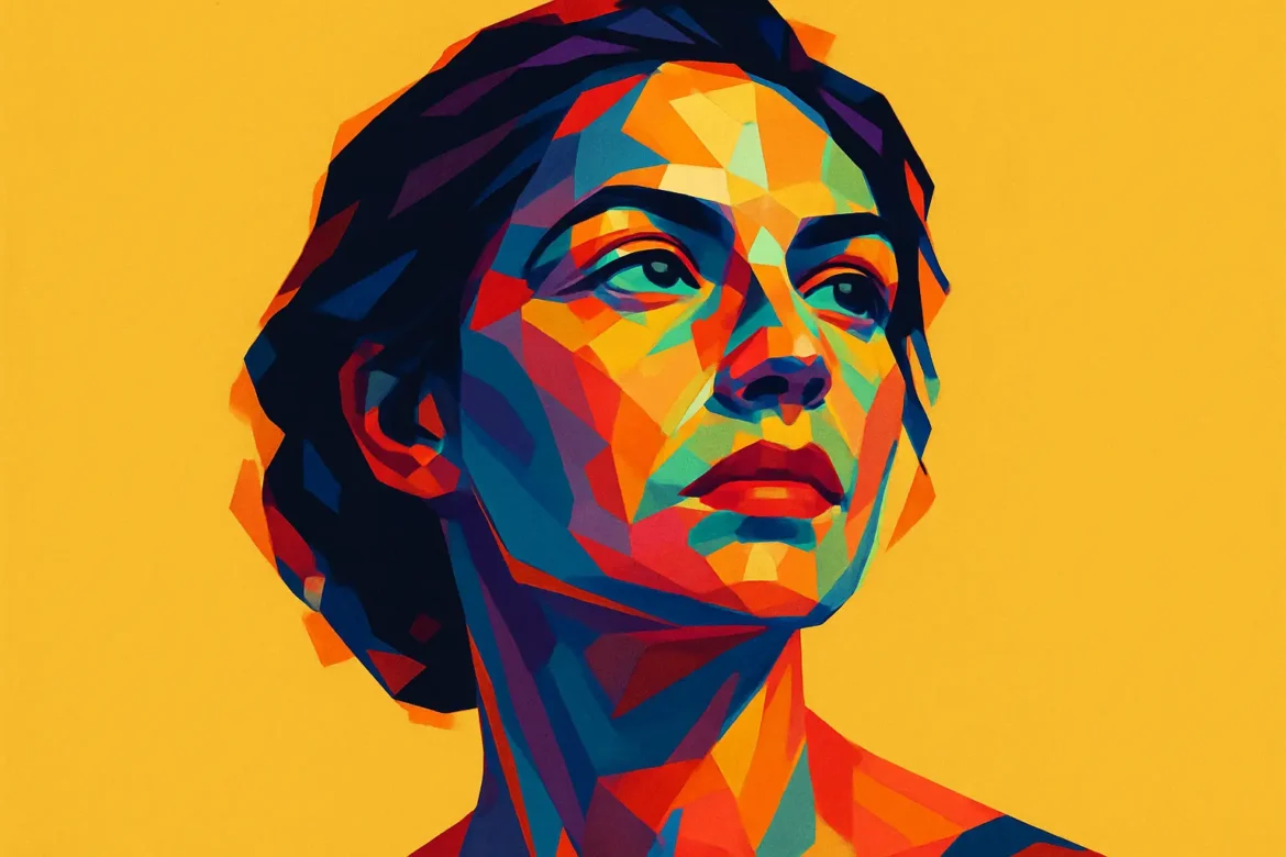 Imagen digital de una mujer representada en un estilo artístico poligonal, con una paleta de colores intensos y contrastantes como el azul, rojo, naranja y verde, sobre un fondo amarillo vibrante. La expresión serena y pensativa del rostro evoca profundidad emocional y reflexión, en sintonía con el tema '25 frases sobre matrimonio', sugiriendo introspección acerca del amor, el compromiso y la unión conyugal.