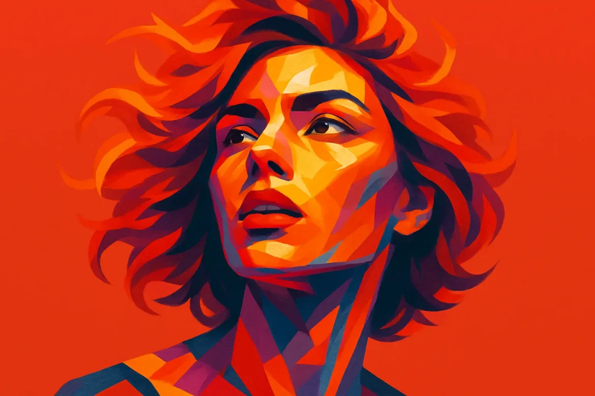 Ilustración digital expresiva de una mujer con cabello al viento, representada en un estilo poligonal lleno de colores ardientes como el rojo, naranja y púrpura. El fondo en rojo intenso resalta la fuerza emocional y la pasión que emana su mirada decidida, simbolizando el fuego interior y la intensidad emocional asociada con la pasión ardiente.