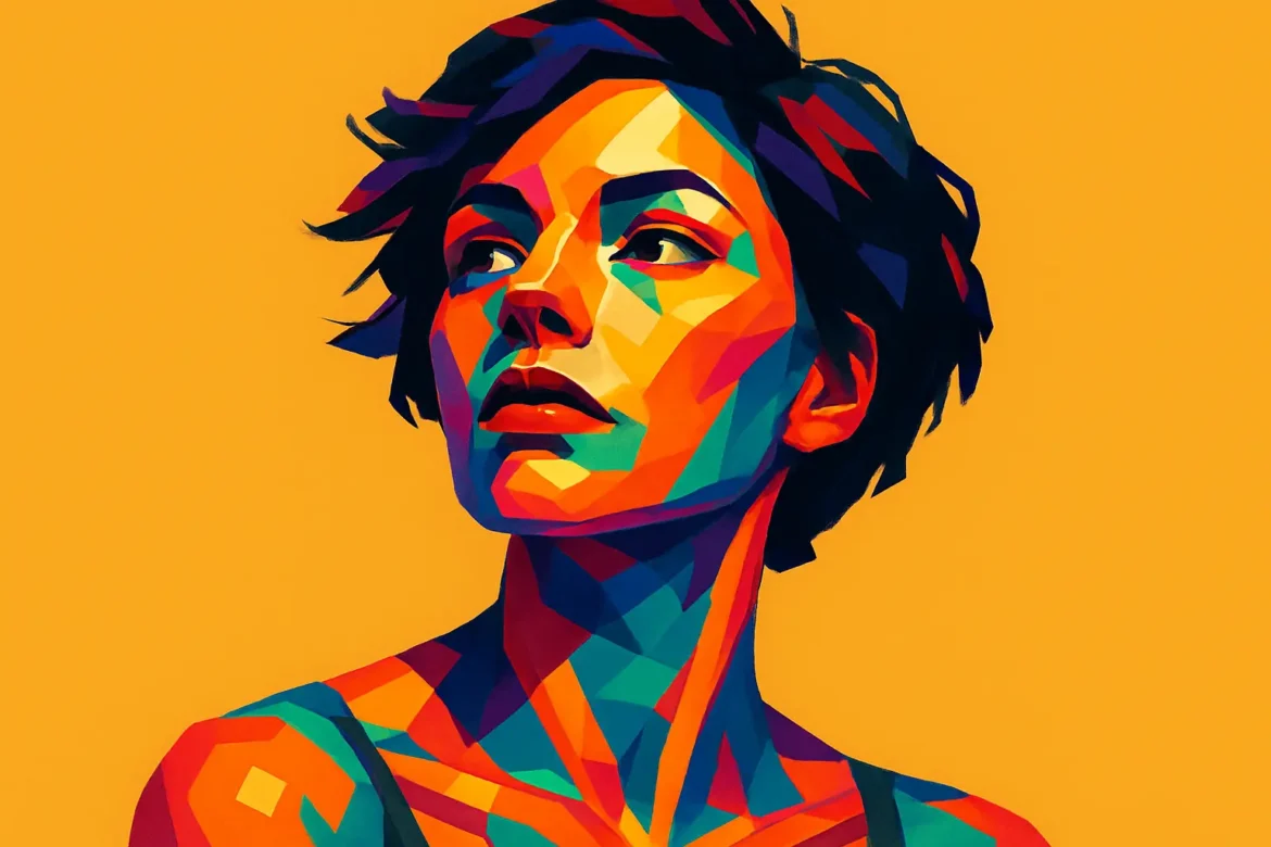 Ilustración artística en estilo pop art de una mujer de cabello corto sobre un fondo amarillo vibrante. La imagen, cargada de tonos cálidos y fríos que se mezclan armónicamente, representa la energía, el empoderamiento y la introspección. Este retrato es un homenaje visual al amor propio, reflejando valentía, autenticidad y una conexión profunda con uno mismo.