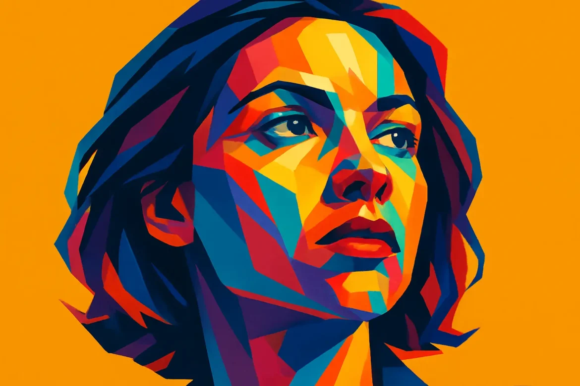Ilustración vibrante de una mujer en estilo pop-art geométrico con una paleta cromática intensa sobre un fondo naranja. La obra simboliza el poder de la creatividad y la expresión individual, representando cómo la imaginación puede dar forma al color y a la emoción en cada trazo visual.