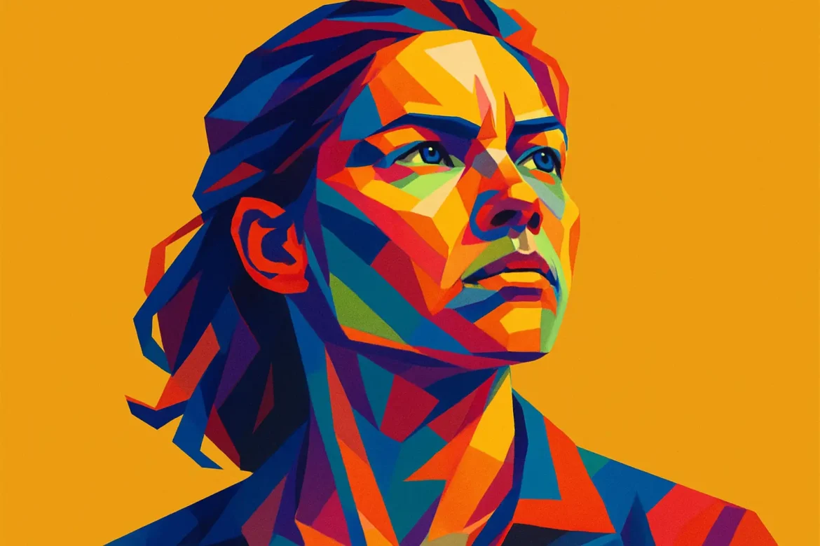 Ilustración vibrante y enérgica de una mujer mirando con determinación hacia el horizonte, realizada en un estilo pop art con formas geométricas y colores intensos sobre un fondo amarillo. La imagen representa con fuerza visual el concepto de determinación, destacando la firmeza, el enfoque y la voluntad inquebrantable ante los desafíos.