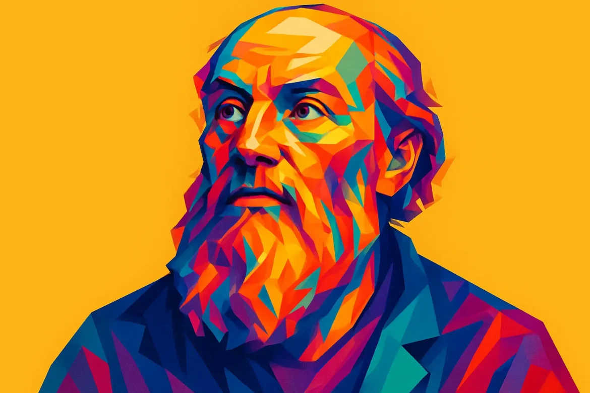 Ilustración colorida y geométrica de un sabio anciano con barba, vestido con un abrigo oscuro, sobre un fondo amarillo intenso. El estilo artístico emplea formas poligonales y una paleta de colores vivos como rojo, azul, violeta y naranja, evocando un aire de contemplación profunda y conocimiento atemporal, en consonancia con el tema de la sabiduría.