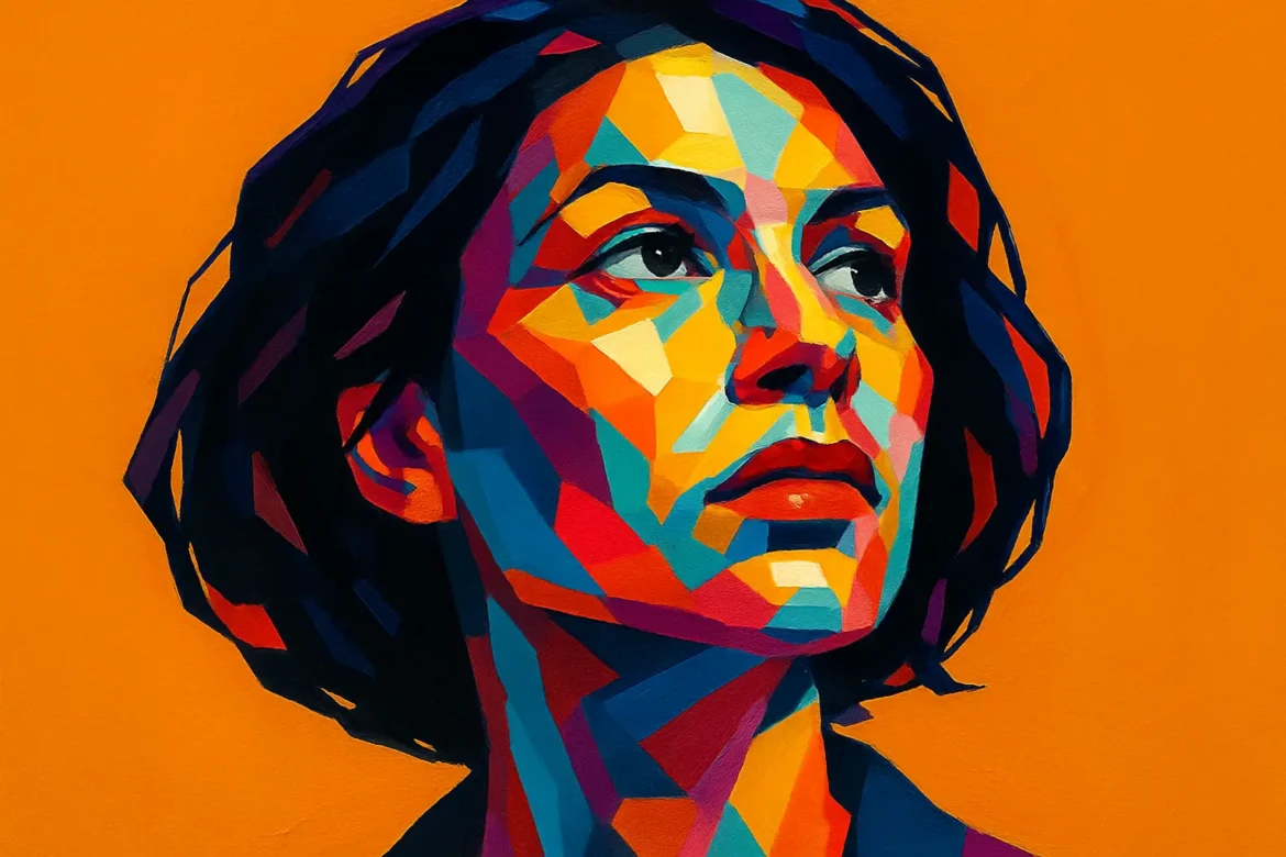Retrato vibrante y moderno de una mujer en estilo pop-art geométrico, con una paleta de colores intensos y contrastantes sobre un fondo naranja sólido. La expresión decidida y mirada elevada transmiten inspiración, fuerza interior y reflexión, evocando el espíritu de la colección '365 Frases - Una para Cada Día', que celebra la sabiduría, creatividad e individualidad a lo largo del año.