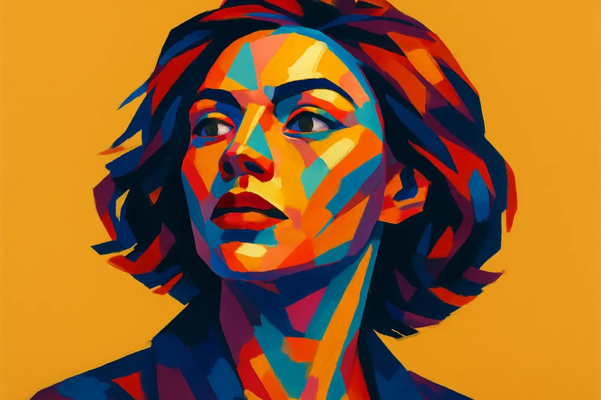 Obra vibrante en estilo pop art que representa el retrato de una mujer con expresión serena y mirada introspectiva, envuelta en una sinfonía de colores intensos como el azul, rojo, naranja y amarillo. El fondo naranja potencia el contraste y resalta la fusión entre arte y belleza, evocando una estética moderna y emocionalmente expresiva.