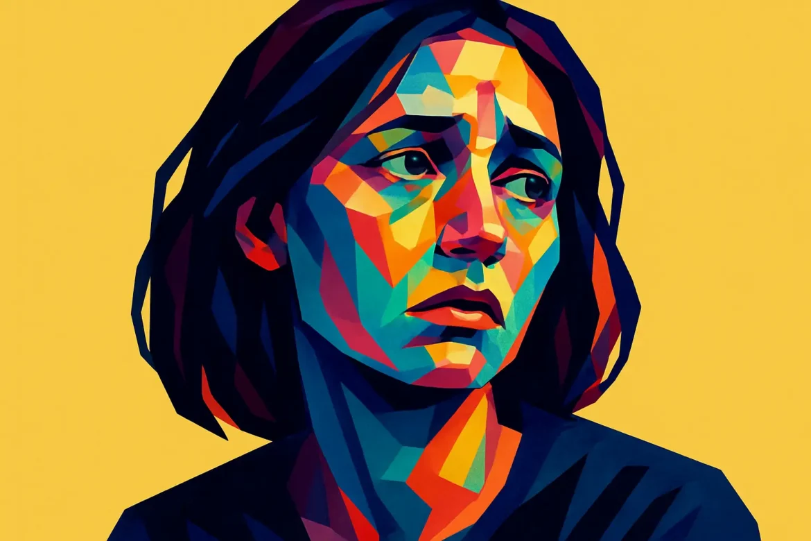 Ilustración digital en estilo pop art que muestra a una mujer con expresión de tristeza y melancolía, destacando por el uso vibrante de colores en contraste con el fondo amarillo. La imagen representa visualmente el tema de la tristeza, capturando un momento de introspección y carga emocional a través de formas geométricas y tonos intensos.