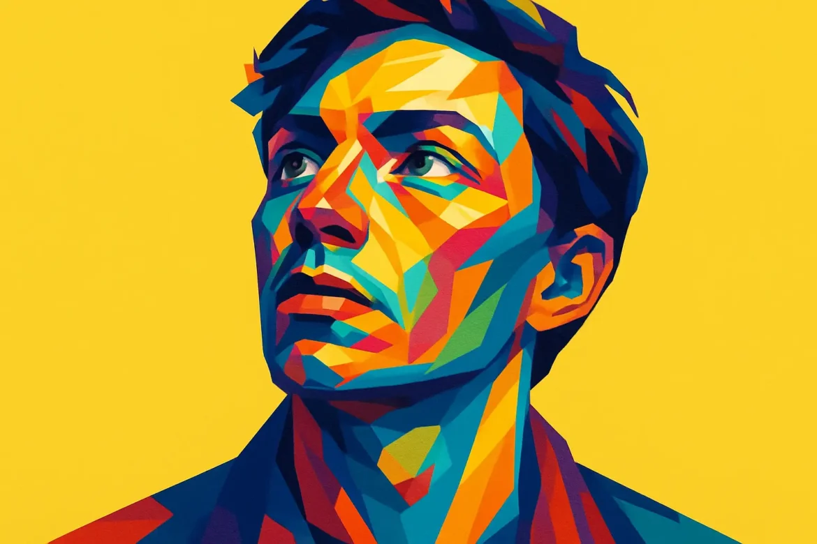 Imagen vibrante y colorida de un hombre joven retratado en estilo pop art, con una expresión de contemplación y mirada elevada hacia el horizonte. El fondo amarillo brillante resalta aún más los tonos intensos que componen su rostro, simbolizando la búsqueda de la verdad interior y la reflexión profunda, en armonía con el tema '40 Frases sobre Verdad'.