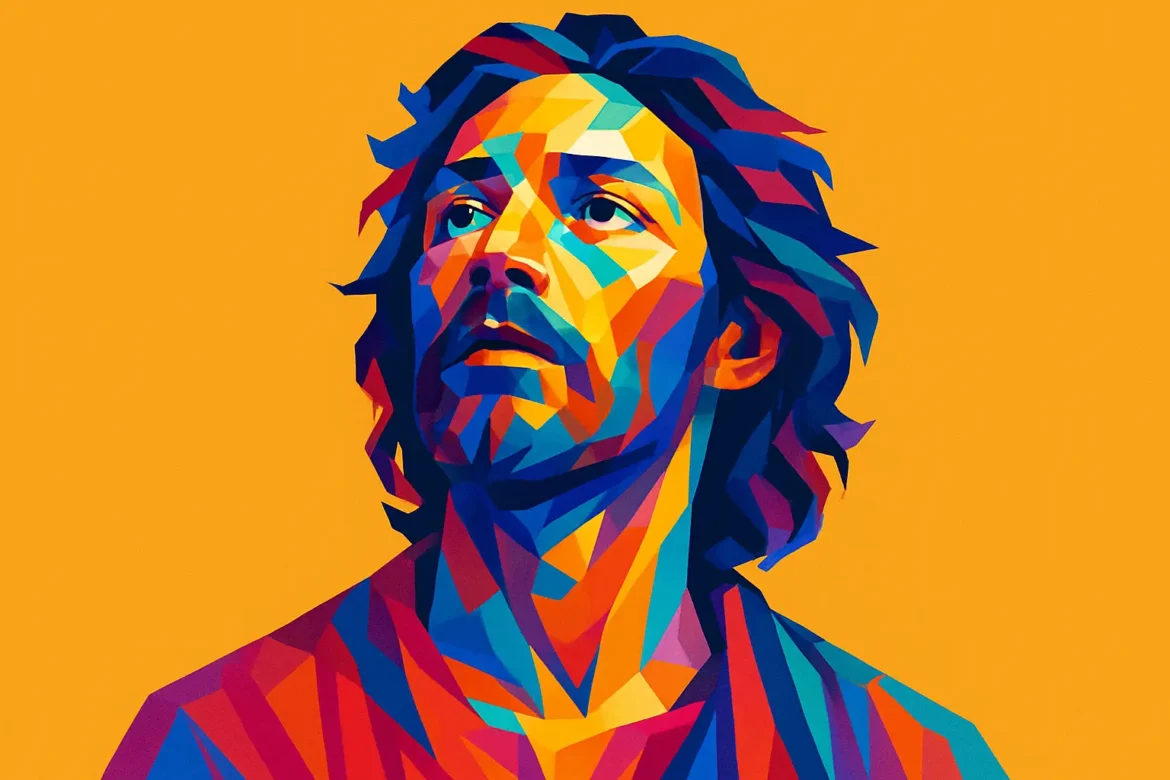 Ilustración vibrante en estilo pop art que representa a un hombre con expresión contemplativa, mirando hacia lo alto sobre un fondo naranja intenso. La imagen evoca un estado de introspección y elevación espiritual, alineándose con el poder transformador de las frases espirituales inspiradoras. Su mirada transmite búsqueda interior, paz y conexión con algo superior, reforzando el tema de la espiritualidad positiva y profunda.