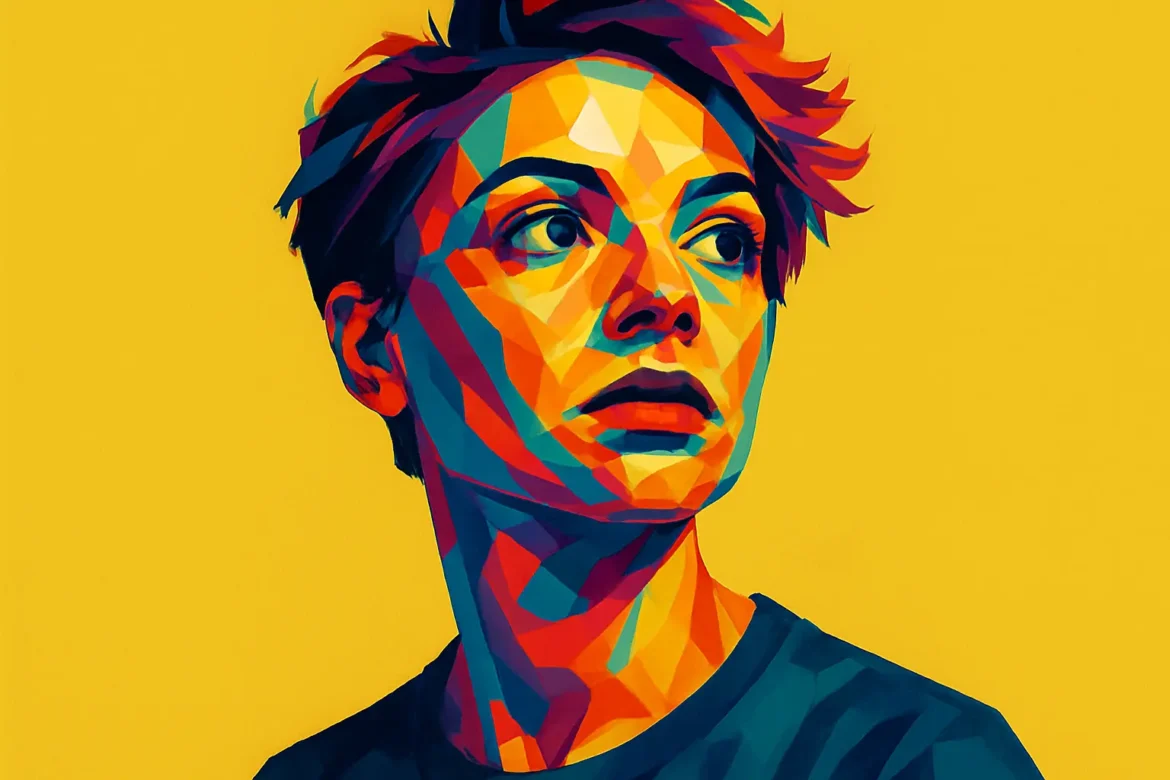 Ilustración vibrante en estilo pop art de una persona de cabello corto con expresión pensativa, mirando hacia la derecha sobre un fondo amarillo sólido. La imagen destaca por sus colores intensos y contrastantes en tonos cálidos y fríos que realzan las formas del rostro y transmiten una sensación de introspección moderna. Ideal para acompañar frases de reflexión o estados de ánimo en estados de WhatsApp.
