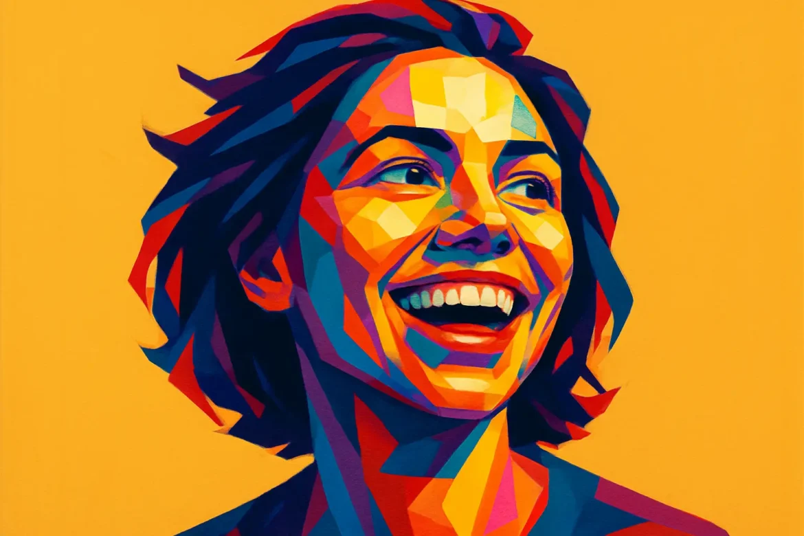 Ilustración vibrante en estilo pop art que presenta el retrato de una mujer con expresión de felicidad radiante. La imagen utiliza una paleta de colores intensos y contrastantes sobre un fondo naranja que resalta la energía y positividad del momento, evocando el tema central de la felicidad como estado de ánimo luminoso y contagioso.