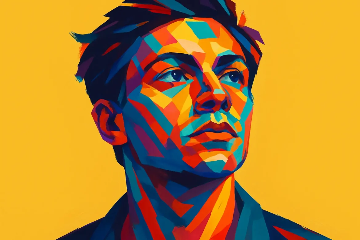 Ilustración vibrante en estilo pop art que muestra el retrato de un joven con expresión contemplativa, resaltado por una paleta de colores intensos y contrastantes sobre un fondo amarillo. La obra transmite una sensación de introspección y búsqueda existencial, en perfecta armonía con el tema '75 Frases sobre el Sentido de la Vida', evocando preguntas sobre identidad, propósito y el viaje interior del ser humano.