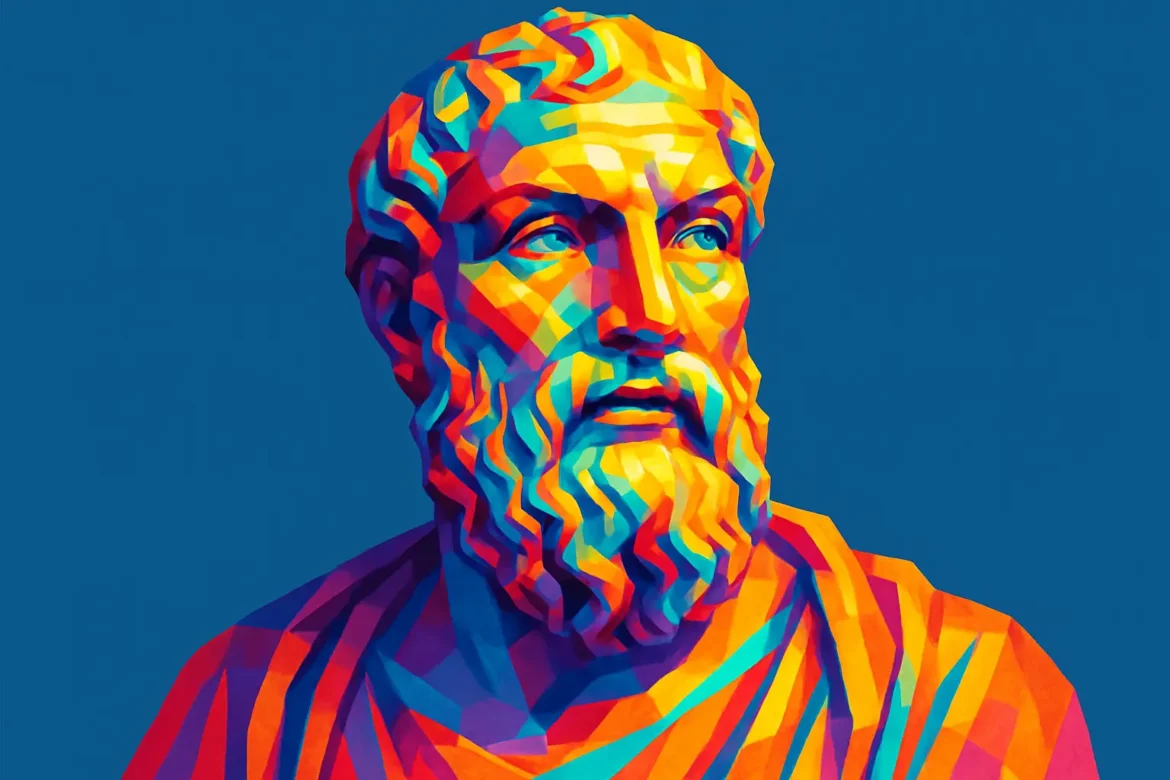 Retrato artístico y colorido de Epicuro (341 a. C. – 270 a. C.), célebre filósofo griego de la antigüedad clásica y fundador de la escuela filosófica del epicureísmo. Conocido por su enseñanza sobre la búsqueda del placer moderado como camino hacia la felicidad y la tranquilidad del alma, su pensamiento influyó profundamente en la ética helenística. Esta imagen moderna resalta su figura con una paleta vibrante que representa su legado atemporal en la historia de la filosofía.