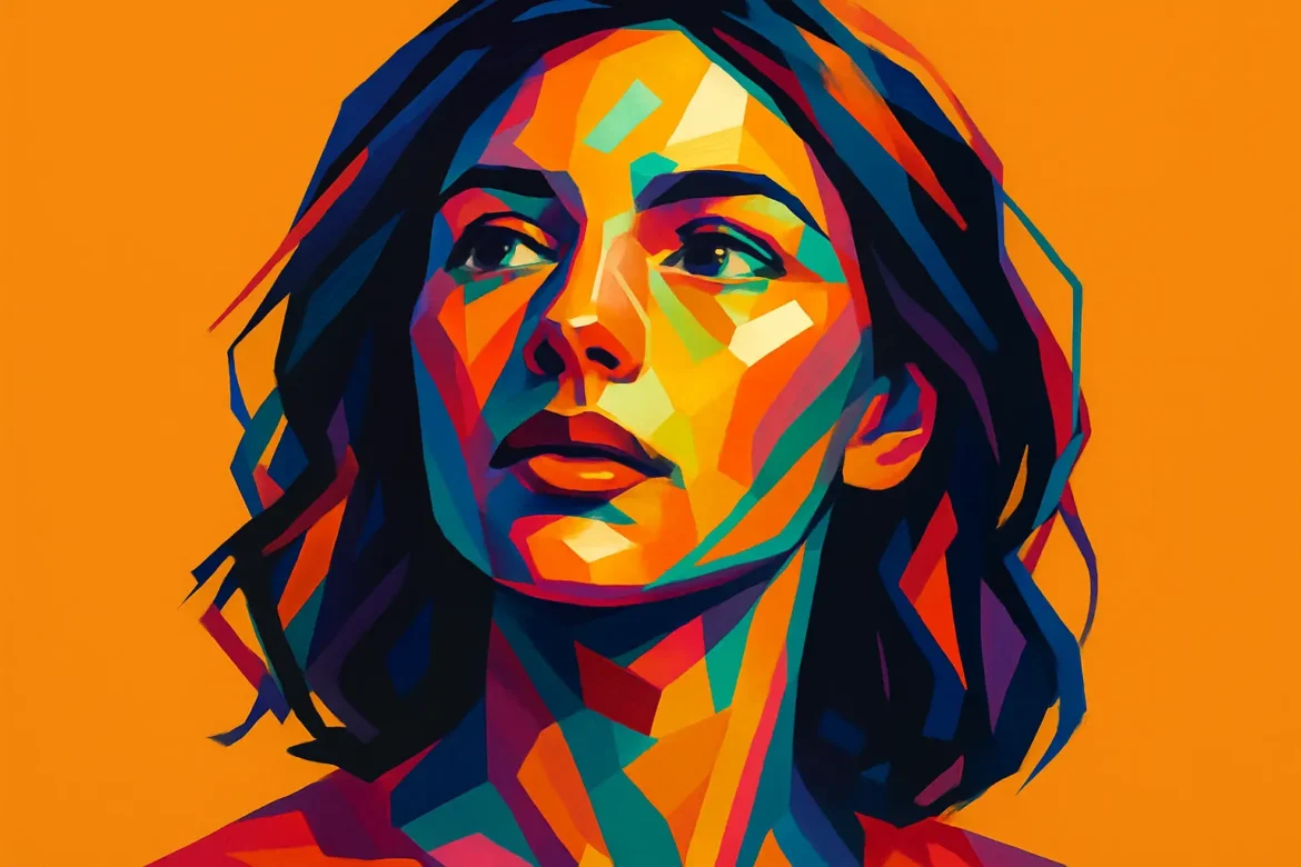 Ilustración vibrante en estilo arte pop de una joven con expresión soñadora, ambientada sobre un fondo naranja intenso. Esta representación artística captura la emoción y el anhelo del amor no confesado, alineándose perfectamente con el tema '50 Frases Románticas para Declarar Amor', evocando sentimientos profundos a través del color y la composición visual.