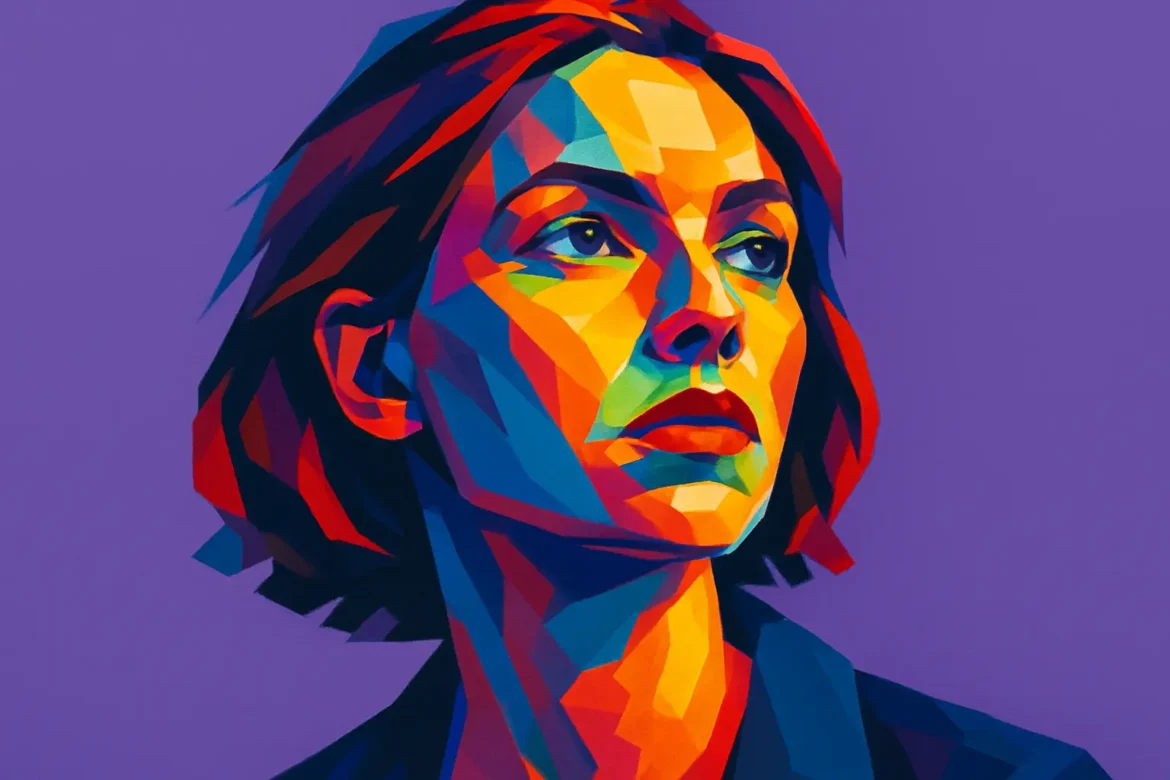 Ilustración vibrante en técnica pop art de una mujer con cabello corto y expresión seria, sobre un fondo púrpura liso. Los colores intensos y contrastantes reflejan fuerza, individualidad y modernidad. La obra transmite una sensación de determinación silenciosa, como si la figura estuviera contemplando el futuro con convicción y confianza.