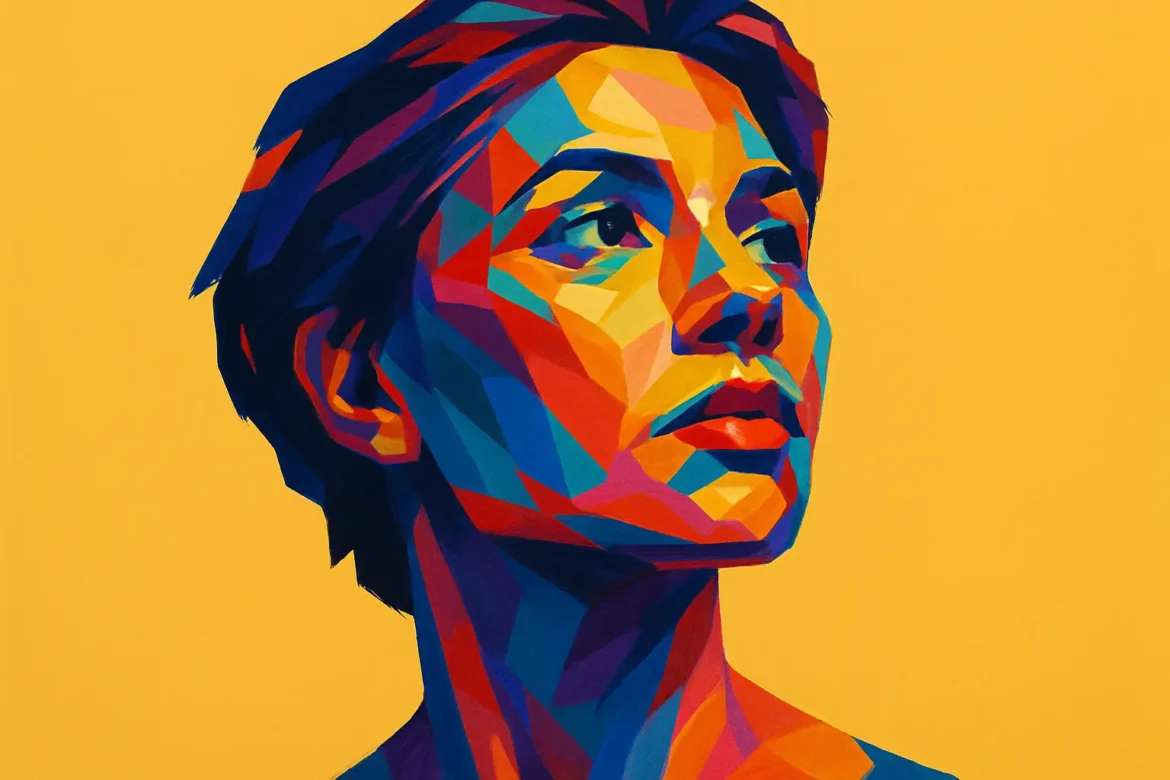 Ilustración digital vibrante de una mujer realizada en estilo pop-art, con una paleta cromática intensa que mezcla tonos de azul, rojo, naranja y violeta sobre un fondo amarillo sólido. La figura femenina, anónima, mira hacia el horizonte con expresión serena y decidida, evocando una conexión simbólica con la introspección humana y el poder transformador de la naturaleza interior.