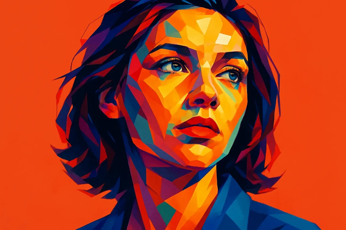 Ilustración vibrante en estilo pop art de una mujer con expresión melancólica, compuesta por formas geométricas y colores intensos como azul, rojo, naranja y amarillo, sobre un fondo completamente rojo. La imagen evoca emociones profundas y conecta con el tema de las 50 frases de amor, resaltando la intensidad emocional del sentimiento amoroso.