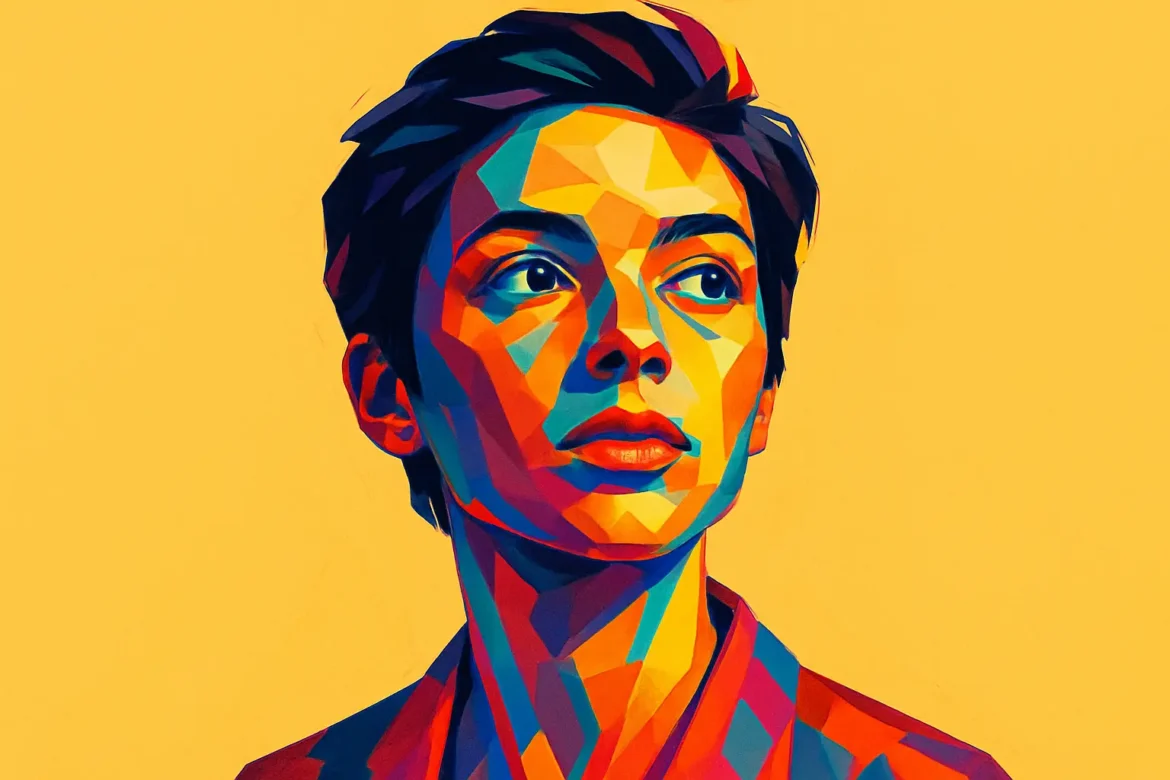 Ilustración vibrante en estilo pop art que muestra a una persona con expresión contemplativa, utilizando una paleta de colores intensos como rojo, azul y naranja sobre un fondo amarillo sólido. Inspirada en el tema '15 frases para propuesta de noviazgo', la imagen transmite emoción, decisión y romanticismo, reflejando el momento significativo de declarar un amor sincero.