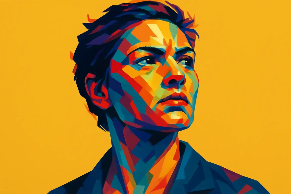 Ilustración moderna en estilo pop art de una mujer con expresión decidida y valiente, mirando hacia el horizonte. Con una paleta vibrante de colores cálidos y fríos, la imagen transmite fuerza interior, determinación y coraje frente a la adversidad, en armonía con el tema '15 Frases sobre Coraje'. El fondo amarillo intenso resalta su figura y refuerza el sentimiento de esperanza y poder personal.