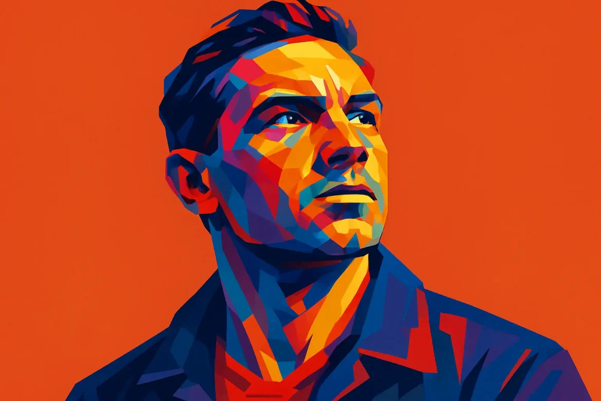 Ilustración vibrante en estilo pop art de un hombre con expresión decidida mirando hacia arriba, simbolizando determinación y ambición. Los tonos intensos de azul, rojo, naranja y amarillo intensifican la sensación de fuerza interior, alineándose con el tema de la conquista personal y los logros. El fondo naranja refuerza una atmósfera de energía y superación.