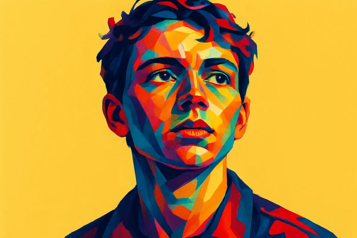 Ilustración digital estilo arte pop de un joven con expresión firme y reflexiva, destacando una paleta vibrante de colores cálidos y fríos sobre un fondo amarillo sólido. Esta obra evoca el valor de la lealtad a través de una mirada confiada hacia el futuro, encapsulando la fortaleza interior y el compromiso inquebrantable que acompañan a este valor fundamental.