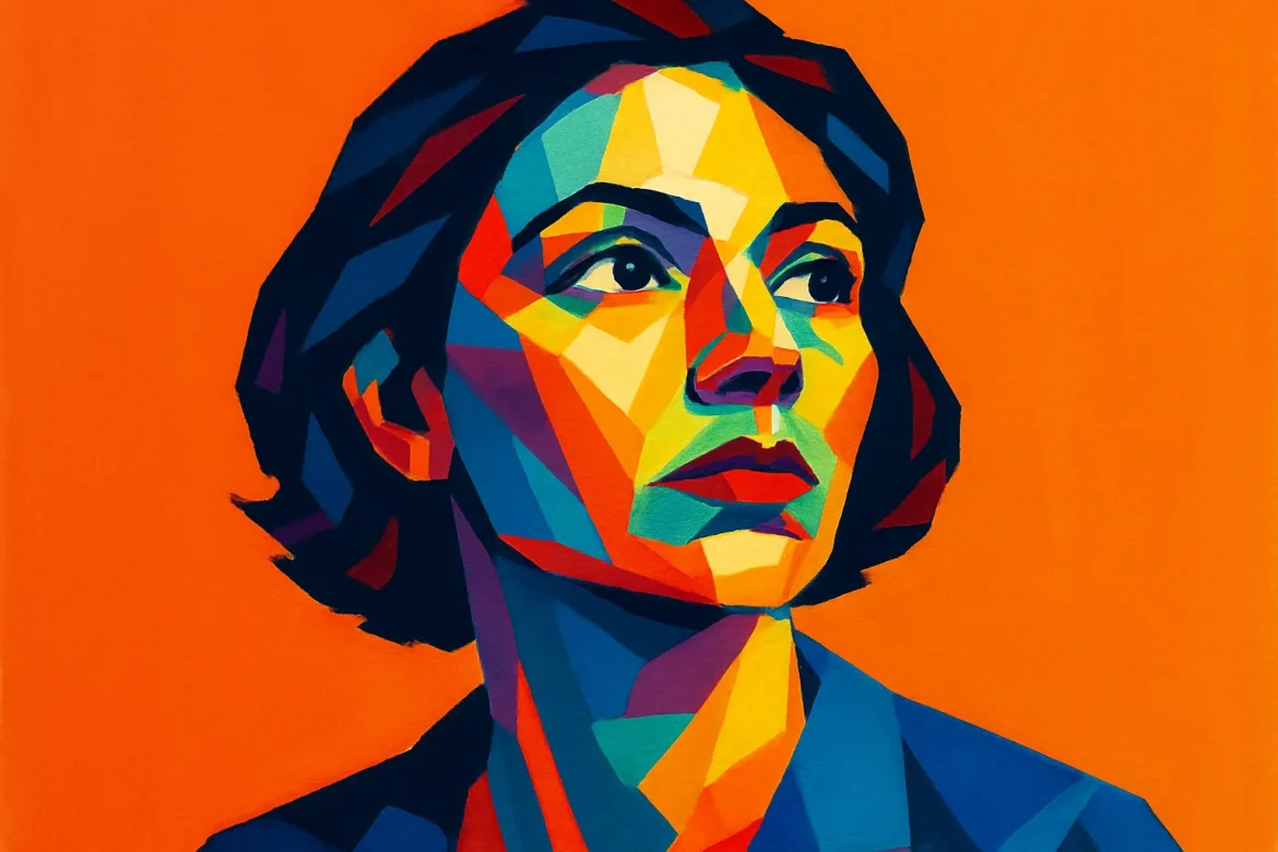 Ilustración en estilo pop art de una mujer con expresión reflexiva, compuesta por formas geométricas y colores vibrantes sobre un fondo naranja intenso. La obra transmite calidez, profundidad emocional y podría simbolizar los lazos familiares y la fortaleza interior que surge del amor y la unión dentro del núcleo familiar.