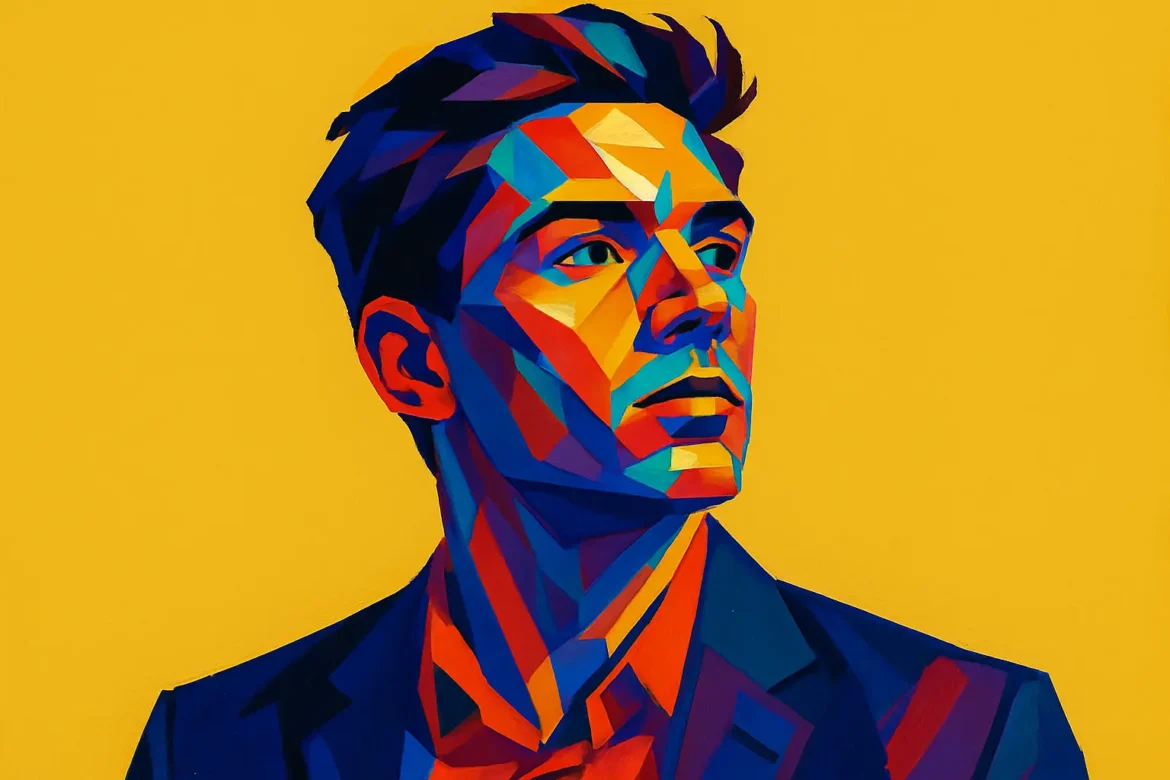 Ilustración vibrante en estilo pop art de un joven emprendedor mirando hacia el horizonte, simbolizando visión y determinación. La paleta de colores intensos sobre un fondo amarillo brillante transmite inspiración, energía creativa y la pasión necesaria para emprender y transformar ideas en realidad.