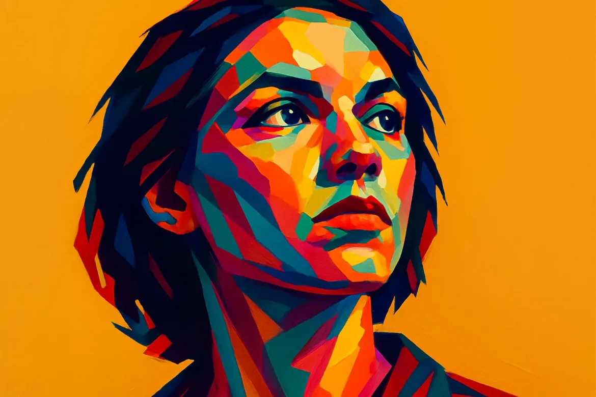Retrato artístico en estilo pop-art de una mujer con expresión decidida, compuesto por colores intensos y contrastantes sobre un fondo naranja. La imagen transmite un poderoso mensaje de determinación, resiliencia y fuerza interior, reflejando el espíritu de quien enfrenta los desafíos con coraje y confianza. Ideal para ilustrar pensamientos sobre empoderamiento personal y superación.