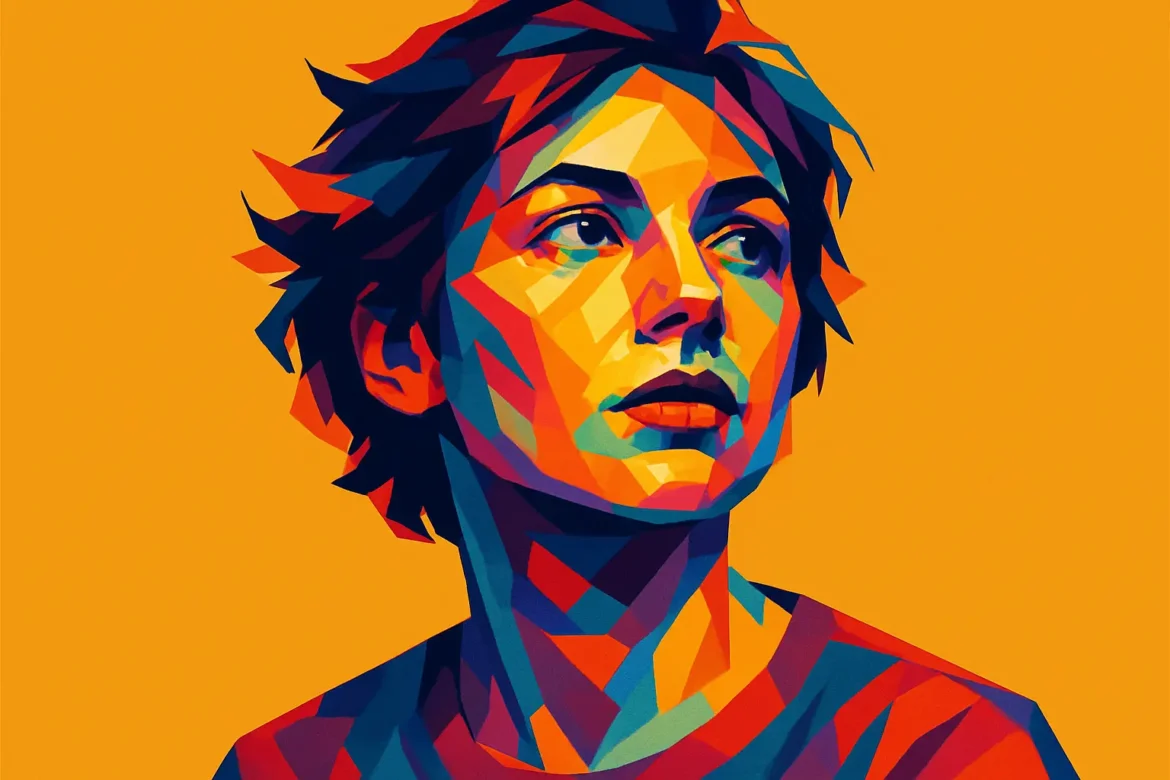 Ilustración vibrante en estilo pop art de una joven de cabello corto, con mirada intensa y expresión contemplativa, sobre un fondo naranja sólido. La paleta multicolor resalta el carácter emocional y auténtico del retrato, evocando el espíritu de la amistad verdadera: sincera, colorida y llena de matices profundos.