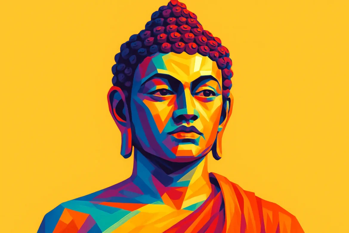 Retrato artístico y colorido de Buda (aproximadamente siglo VI a.C.), nacido como Siddhartha Gautama en el actual Nepal. Tras renunciar a una vida de lujos, alcanzó la iluminación espiritual mediante la meditación y fundó el budismo, una de las grandes tradiciones filosóficas y espirituales del mundo, basada en los principios del sufrimiento, el desapego y el camino hacia el Nirvana.
