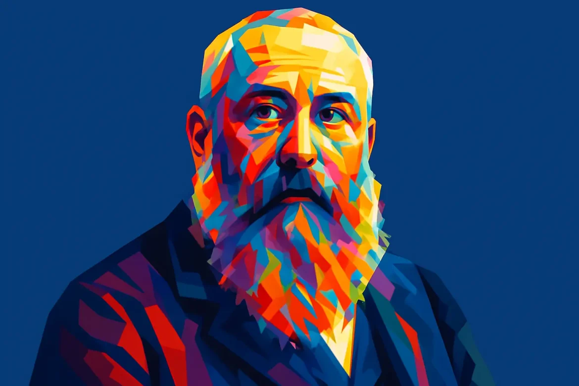 Retrato artístico en estilo pop art de Claude Monet (1840 – 1926), pintor francés y uno de los fundadores del movimiento impresionista. Monet es célebre por su maestría en capturar la luz natural y las variaciones atmosféricas en sus obras, como en su famosa serie 'Nenúfares'. Su enfoque revolucionó la pintura moderna, destacándose por el uso del color, la pincelada suelta y la representación de paisajes al aire libre.