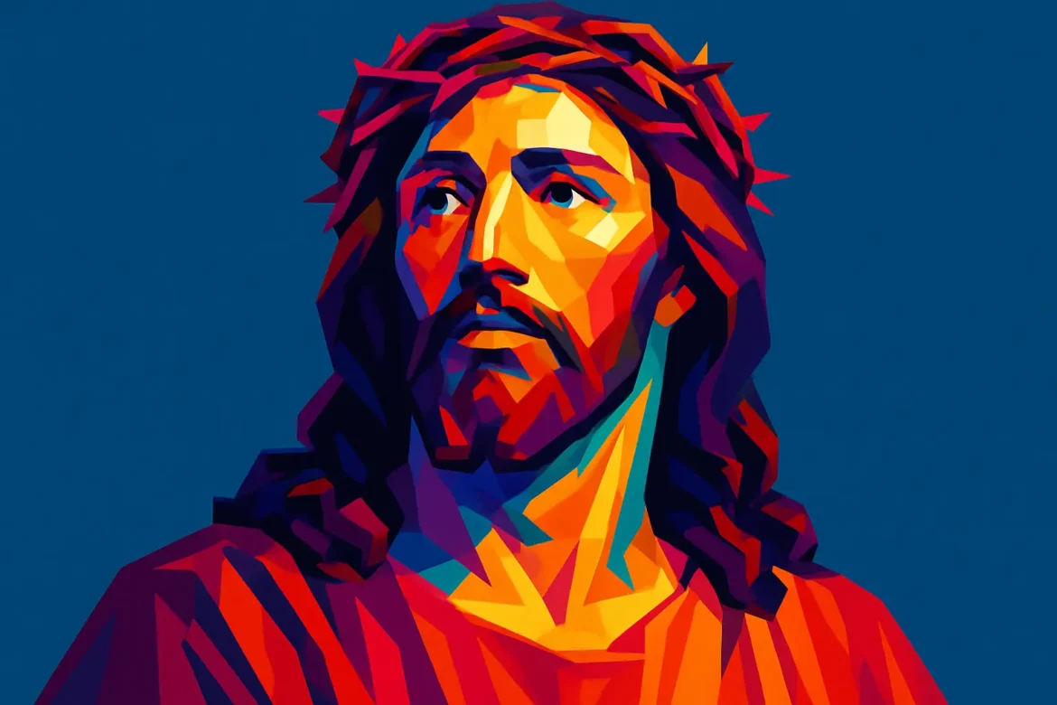 Ilustración artística en estilo pop art de Jesucristo, figura central del cristianismo, representado con una corona de espinas y mirada serena hacia el cielo. Esta imagen simboliza su sacrificio y amor por la humanidad, evocando los momentos previos a su crucifixión según los relatos del Nuevo Testamento.