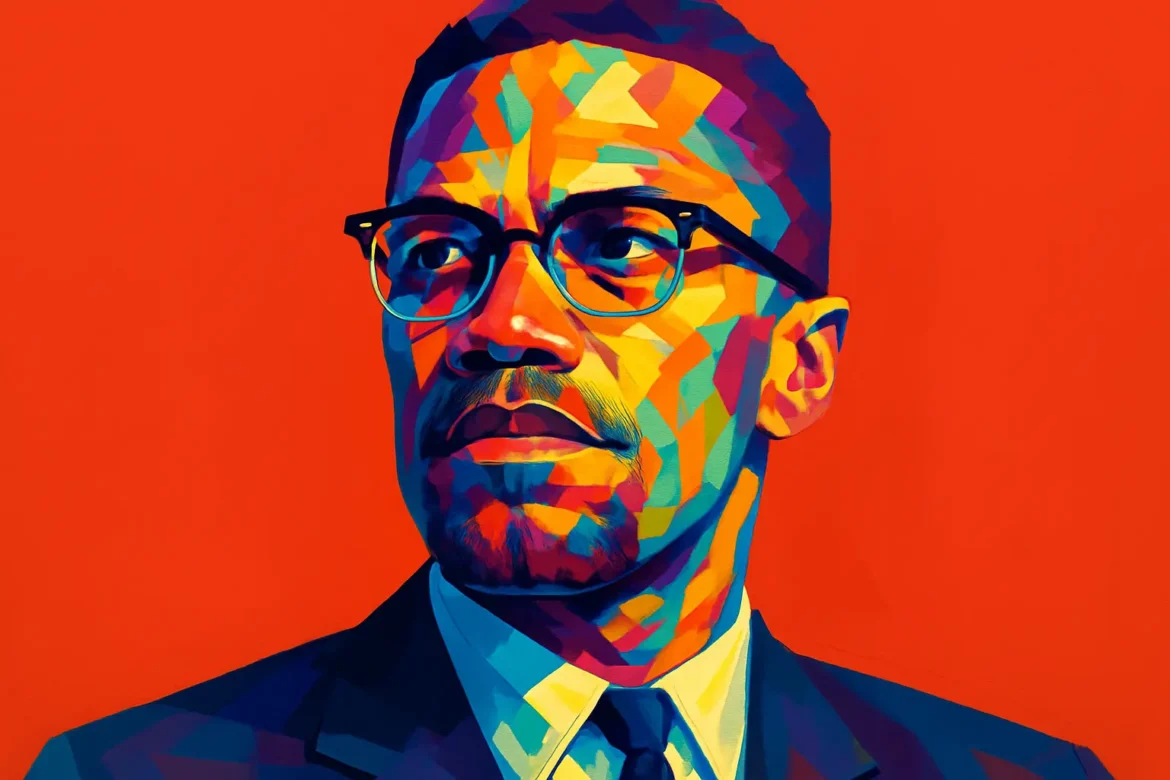 Retrato artístico y estilizado de Malcolm X (1925 – 1965), destacado líder afroamericano y activista por los derechos civiles en Estados Unidos. Conocido por su elocuencia, carisma y firme defensa del empoderamiento de la comunidad negra, Malcolm X fue una figura influyente en la lucha contra el racismo y por la justicia social. Este retrato con colores vibrantes sobre fondo rojo simboliza su fuerza, convicción y legado duradero en la historia de los derechos humanos.