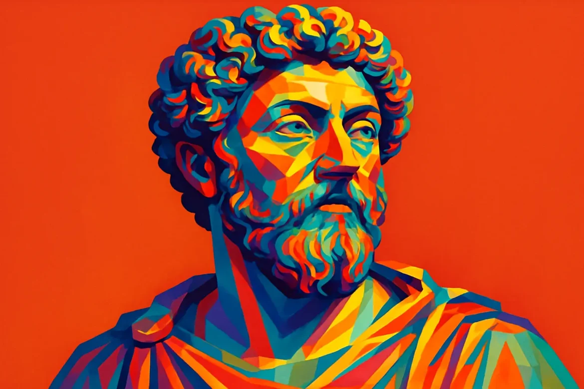 Retrato artístico moderno y colorido de Marco Aurelio (121 – 180 d.C.), emperador romano y destacado pensador estoico. Gobernó el Imperio Romano desde 161 hasta su muerte en 180, y es célebre por su obra 'Meditaciones', un influyente texto filosófico escrito durante campañas militares. Este retrato estilizado resalta su figura imponente con un uso vibrante de colores geométricos, simbolizando su sabiduría y fuerza de carácter.