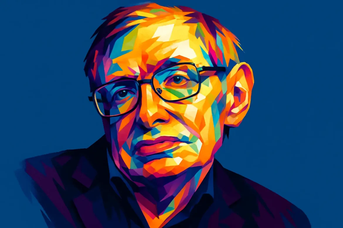 Retrato artístico de Stephen Hawking (1942–2018), físico teórico, cosmólogo y divulgador científico británico, reconocido mundialmente por sus contribuciones a la comprensión de los agujeros negros, la relatividad general y el origen del universo. A pesar de vivir con esclerosis lateral amiotrófica (ELA), escribió obras influyentes como 'Una breve historia del tiempo' y se convirtió en un símbolo de superación y genialidad científica.