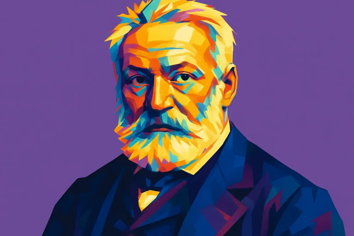 Retrato artístico y estilizado de Victor Hugo (1802 – 1885), destacado novelista, poeta y dramaturgo francés del siglo XIX. Considerado una de las figuras más importantes del Romanticismo, es autor de obras emblemáticas como *Los Miserables* y *Nuestra Señora de París*. Más allá de su legado literario, Hugo fue también un ferviente defensor de los derechos humanos y participó activamente en la vida política de su época.