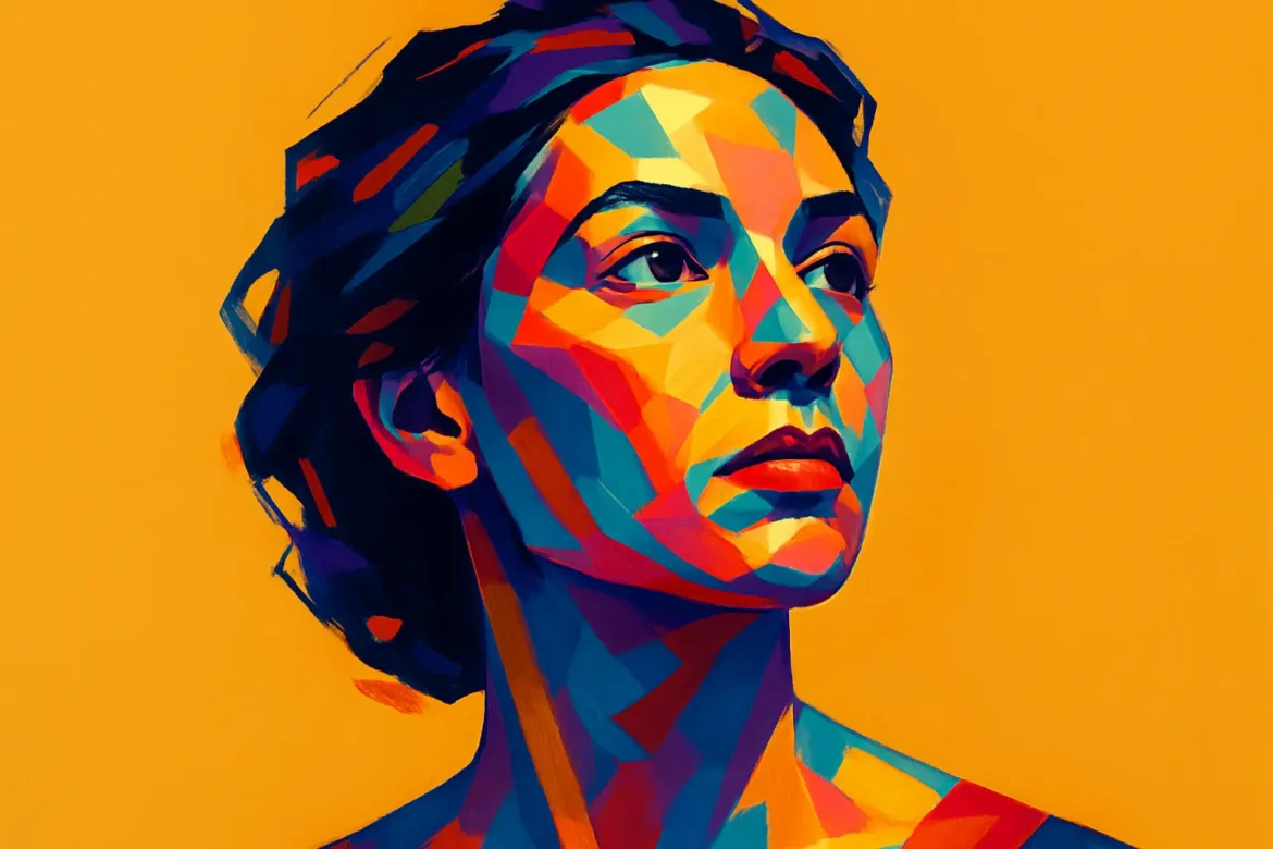 Ilustración digital en estilo pop-art de una mujer con la mirada elevada, compuesta por fragmentos de colores intensos como azul, rojo, turquesa y amarillo sobre un fondo naranja vibrante. La obra transmite una profunda introspección y serenidad, evocando el tema del alma como esencia luminosa e intangible del ser humano.