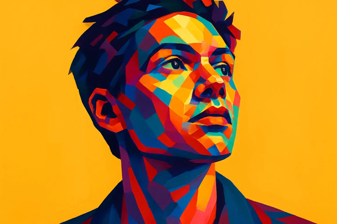 Ilustración vibrante en estilo pop-art que representa a un joven mirando hacia arriba con expresión decidida y reflexiva. El fondo amarillo intenso y los colores geométricos que componen su rostro simbolizan el crecimiento personal, la introspección y la búsqueda constante de superación interior. Una imagen que celebra la transformación y el poder del pensamiento positivo.