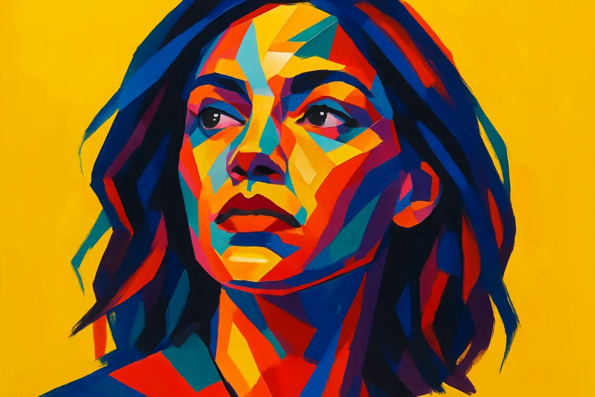 Imagen estilizada de una mujer en estilo arte pop, compuesta por formas geométricas y colores intensos sobre un fondo amarillo luminoso. El uso dinámico del color refleja una transformación interna profunda, transmitiendo una sensación de evolución personal, fuerza y esperanza. La mirada decidida hacia el horizonte representa el cambio consciente y empoderador.