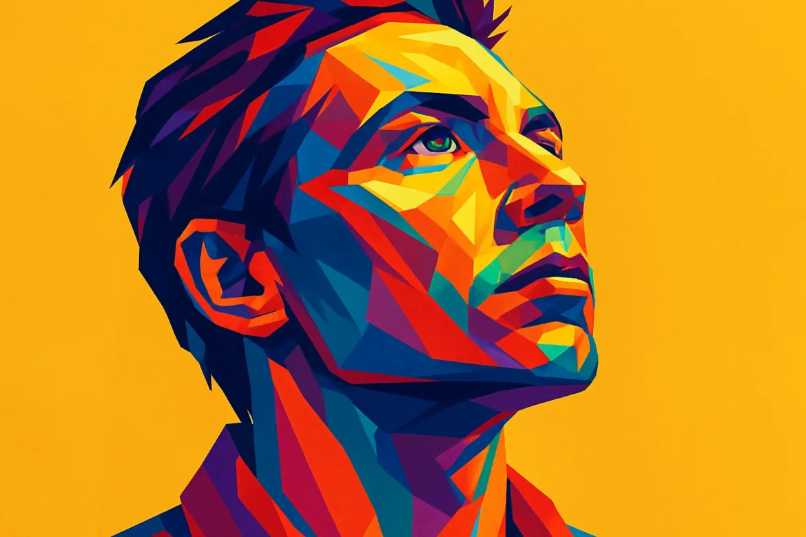 Ilustración digital de estilo pop art que muestra a un hombre con expresión reflexiva mirando hacia arriba, simbolizando la búsqueda interior y la conexión con el propósito de vida. La imagen está compuesta por formas angulosas en tonos intensos de rojo, azul, naranja y púrpura, sobre un fondo amarillo que transmite energía, inspiración y claridad de pensamiento.