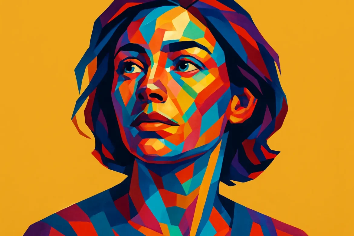 Ilustración colorida y abstracta de una mujer en estilo artístico policromático sobre fondo amarillo. La expresión serena y el uso vibrante de colores simbolizan la profundidad emocional y la empatía, capturando visualmente el espíritu del tema '15 frases sobre compasión'.