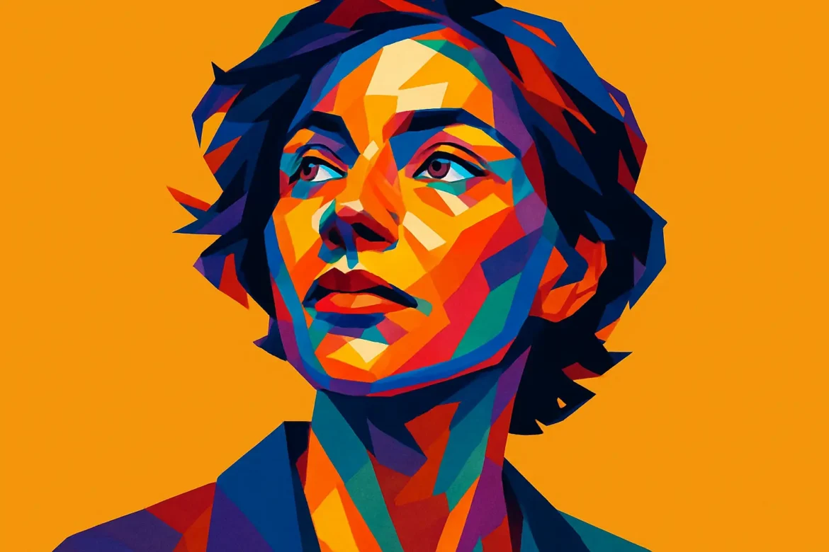 Ilustración vibrante de una mujer creada en estilo pop art, con una paleta de colores intensos y contrastantes que reflejan energía y reflexión. El rostro de la figura transmite determinación y serenidad, en sintonía con el tema de la gratitud. El fondo naranja brillante acentúa la expresión de esperanza y plenitud emocional que se busca representar en las 15 frases sobre gratitud.