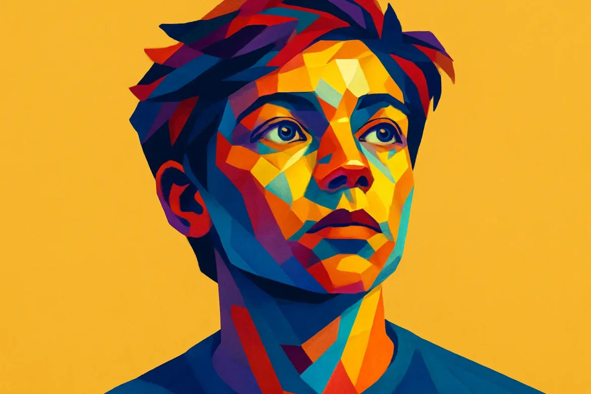 Ilustración colorida en estilo pop art que muestra el retrato de un joven contemplativo sobre un fondo amarillo vibrante. La imagen simboliza la introspección y el crecimiento personal a través del aprendizaje, evocando la idea de que cada experiencia y conocimiento adquirido moldea nuestro entendimiento del mundo.