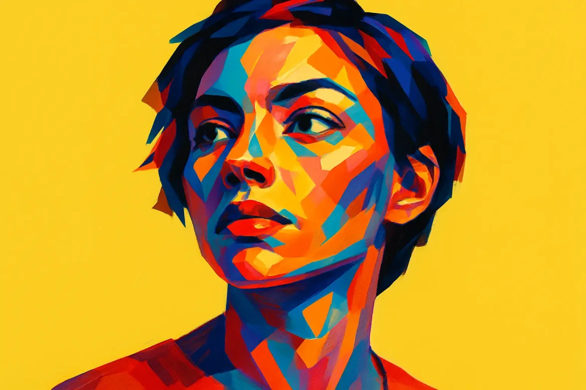 Ilustración vibrante de una joven representada con un estilo pop-art geométrico y colorido, donde predominan tonos intensos de azul, rojo y naranja sobre un fondo amarillo brillante. La expresión pensativa del personaje evoca introspección y autoconocimiento, encajando con el tema de la búsqueda interior y la reflexión personal.