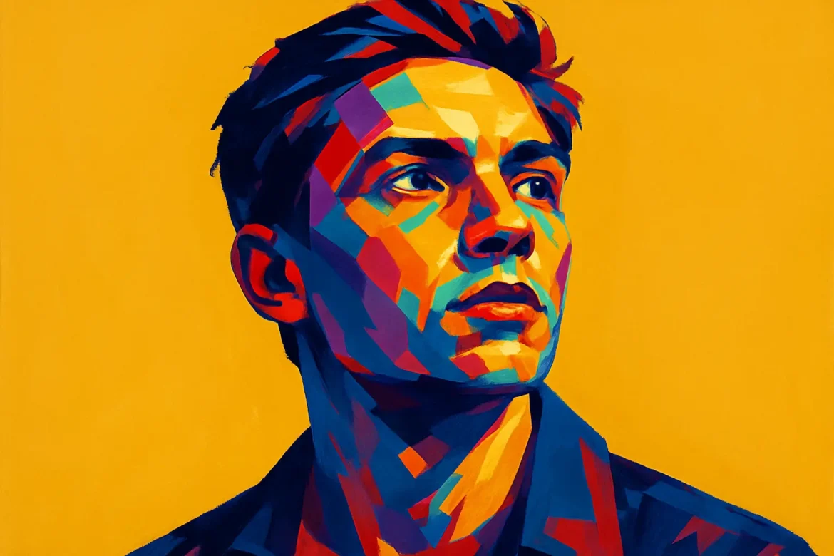 Ilustración vibrante y estilizada de un hombre joven, creada con una paleta de colores intensos y contrastantes en tonos cálidos y fríos, sobre un fondo amarillo brillante. La expresión reflexiva del personaje, que mira hacia la distancia, sugiere contemplación sobre el destino y el futuro incierto, en consonancia con el tema de las '20 frases sobre destino'.