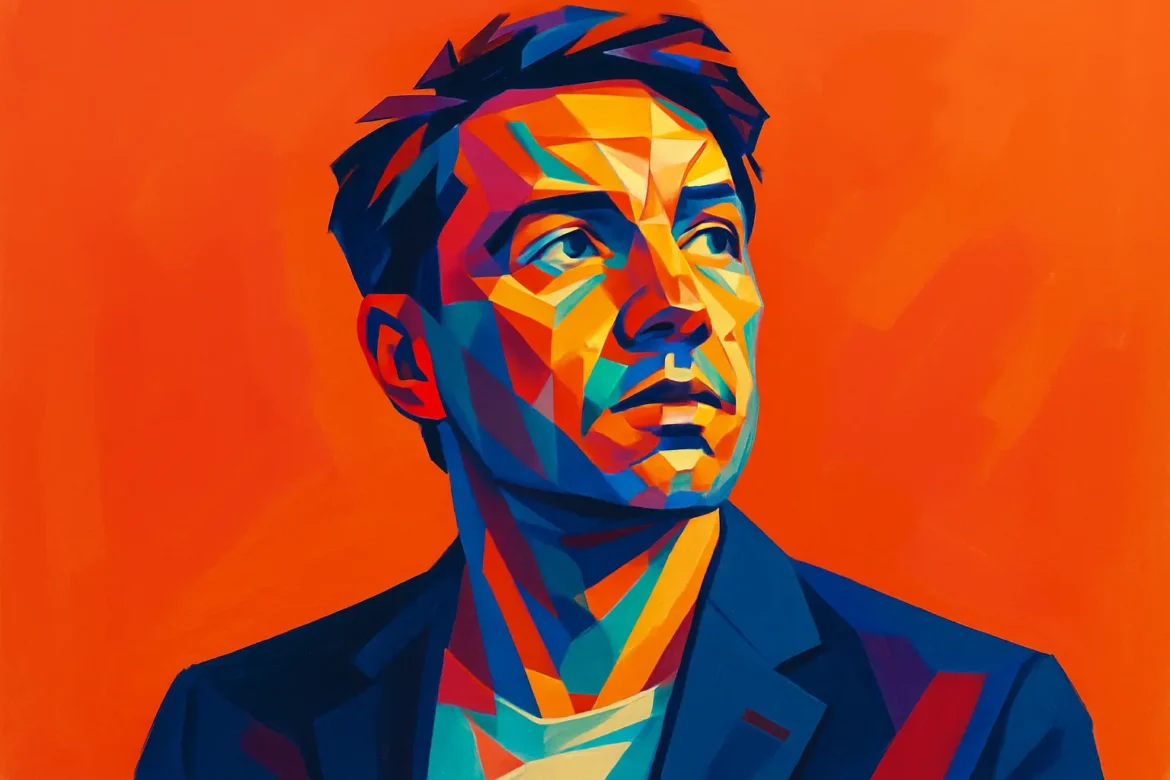 Ilustración colorida y geométrica de un hombre en estilo pop-art digital, con expresión pensativa y mirada dirigida hacia arriba, simbolizando el espíritu de la innovación y la búsqueda de nuevas ideas. El fondo en tonos naranjas vibrantes resalta el enfoque audaz y visionario asociado con el pensamiento creativo e innovador.