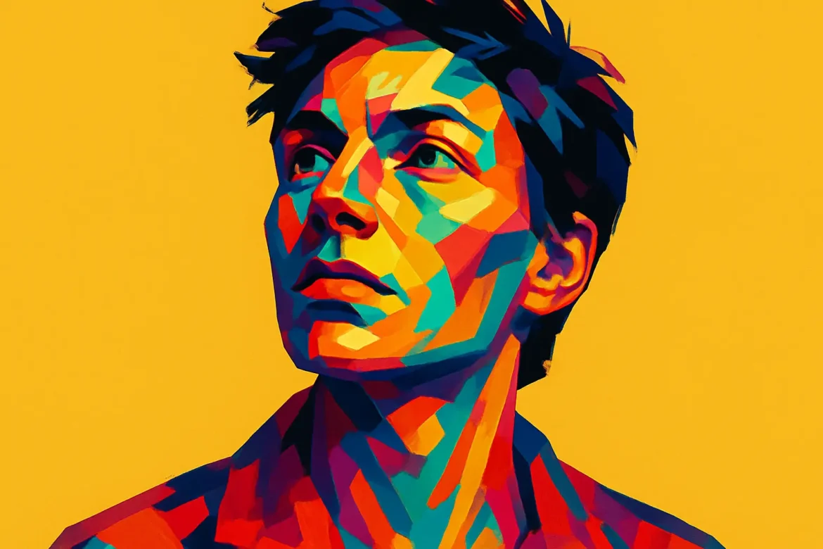 Ilustración vibrante en estilo pop-art de una figura humana contemplativa con mirada hacia lo alto, compuesta por formas geométricas multicolores sobre un fondo amarillo uniforme. La obra transmite una intensa sensación de introspección y cuestionamiento existencial vinculada al tema ‘Frases sobre Existencia’, evocando la búsqueda de sentido, identidad y propósito en la experiencia humana.