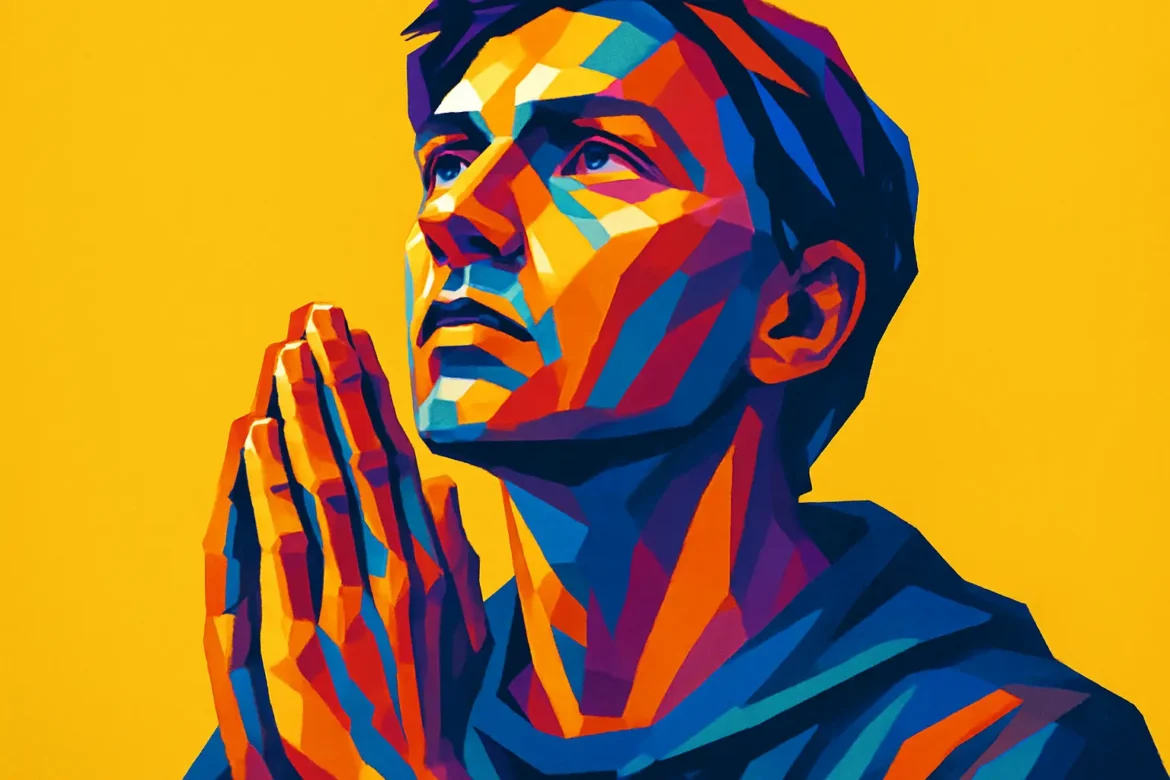 Ilustración vibrante en estilo pop art de un hombre con las manos juntas en actitud de oración, mirando hacia arriba en un gesto de fe y esperanza. Los colores intensos y geométricos resaltan la espiritualidad y la introspección de la escena, sobre un fondo amarillo que simboliza la luz y la conexión divina.