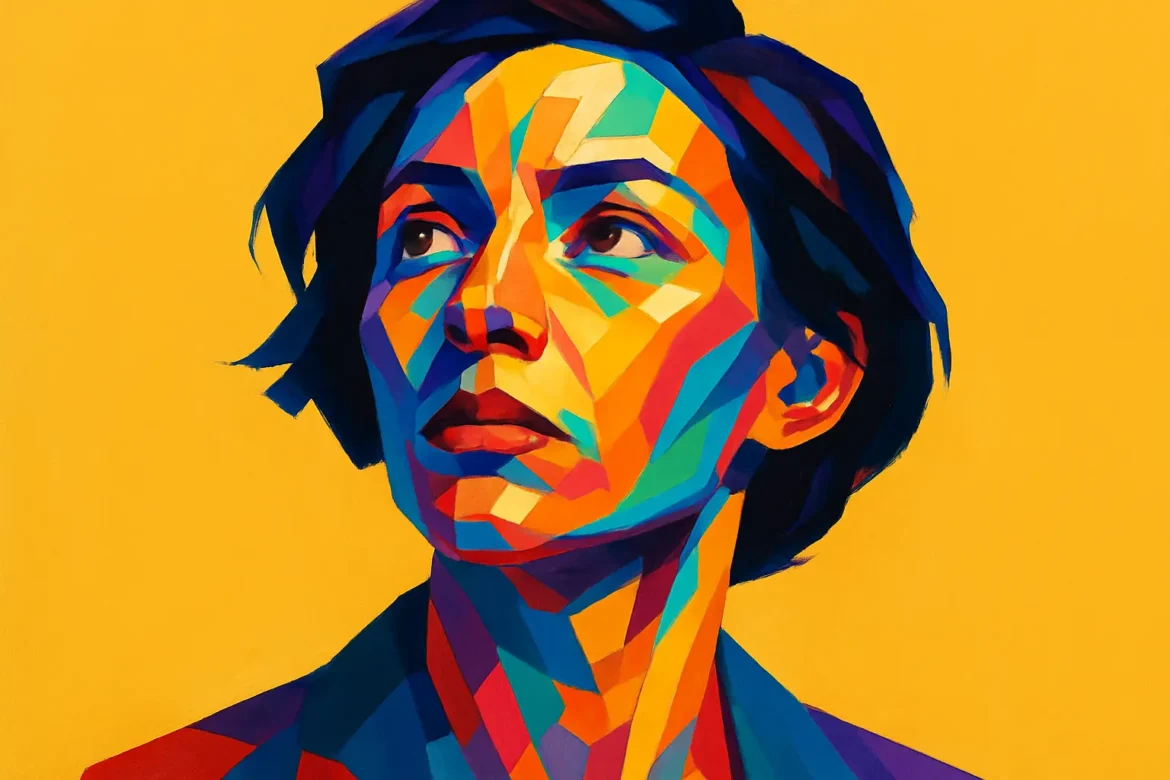 Imagen estilizada de una mujer en estilo pop-art, con colores intensos y contrastantes que simbolizan la complejidad emocional vinculada al tema de la paciencia. El fondo amarillo brillante resalta la serenidad y fortaleza de su expresión, evocando la calma y la espera consciente que caracterizan la virtud de la paciencia.
