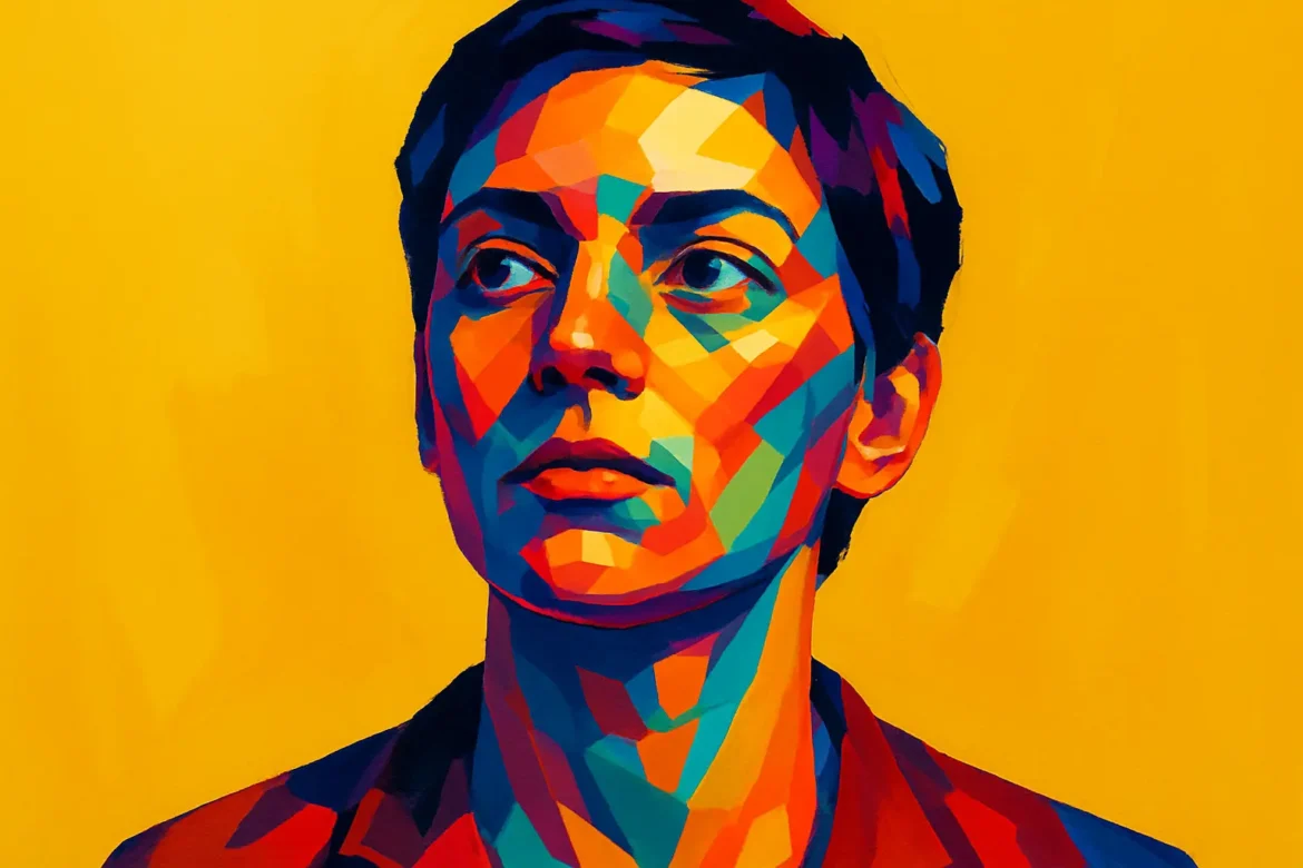 Ilustración vibrante y expresiva de una mujer en estado de introspección, con un estilo geométrico de colores intensos sobre fondo amarillo. La imagen representa visualmente el concepto del silencio interior, invitando a la contemplación y al poder del pensamiento callado. Esta obra enlaza con el tema '20 Frases sobre Silencio', evocando la profundidad emocional que se esconde en el acto de callar.